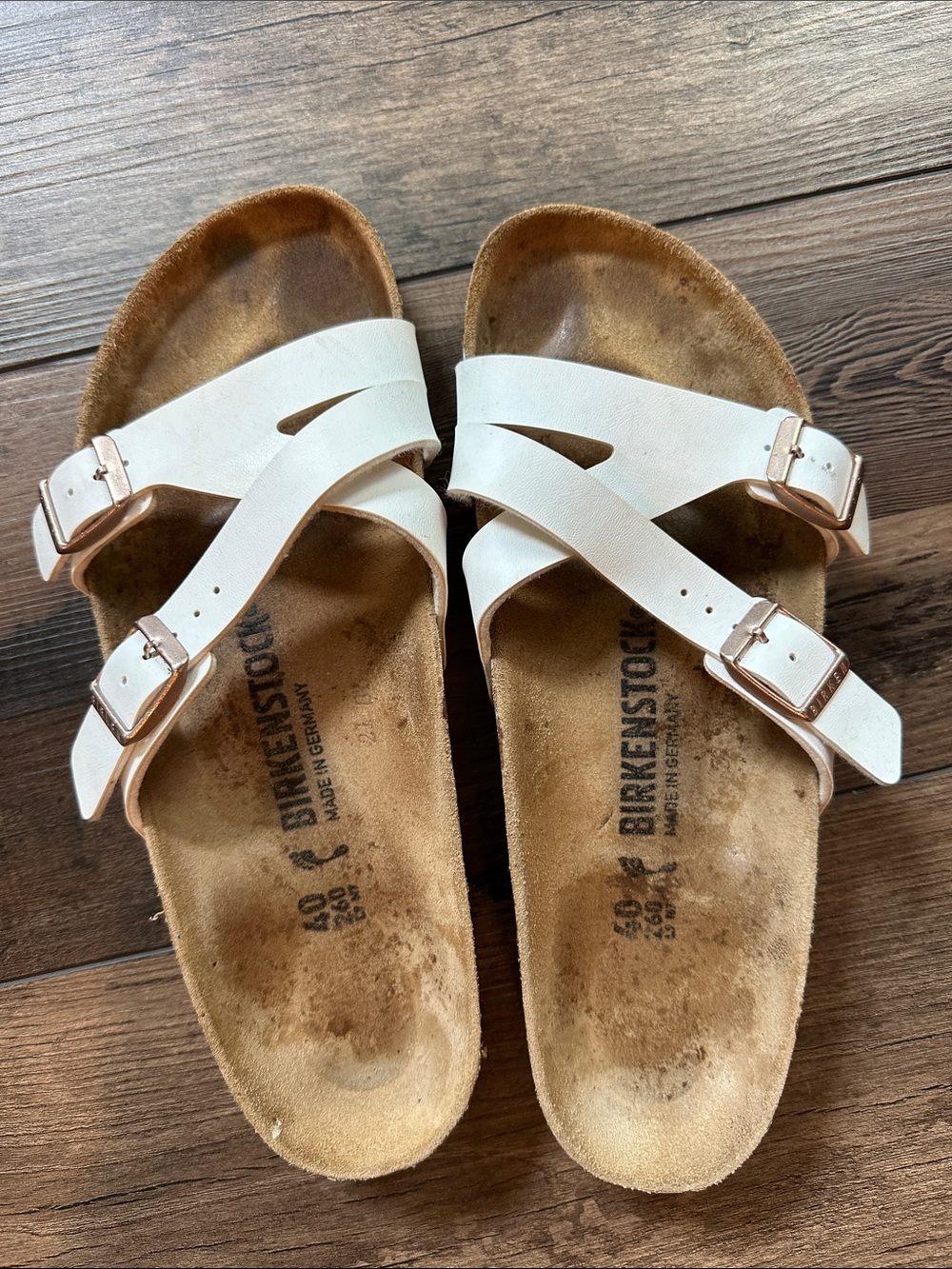 Birkenstock White Crisscross Slide Sandals with Rose Gold Buckles size 40